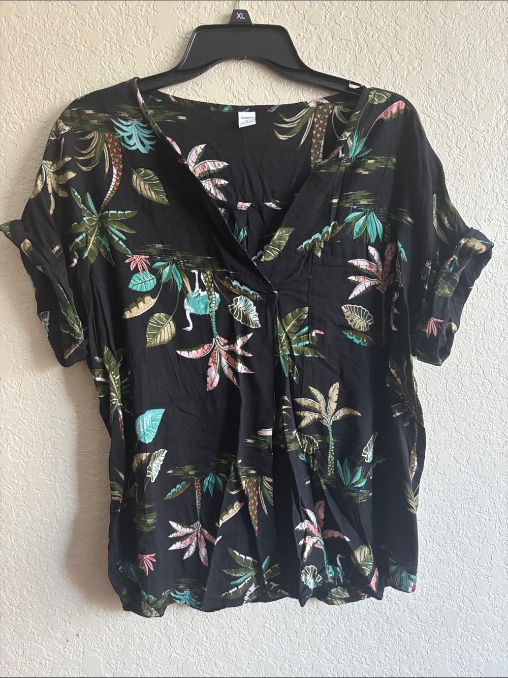 Old Navy Black Tropical V-Neck Blouse with Pink & Teal Leaves